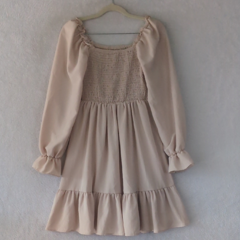SHEIN Juniors Tan‎ Smocked Tiered Castlecore Long Sleeve Dress Size S